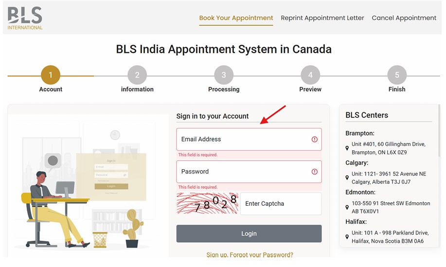 BLS India Appointment System login page showing email, password fields, captcha, and BLS center locations
